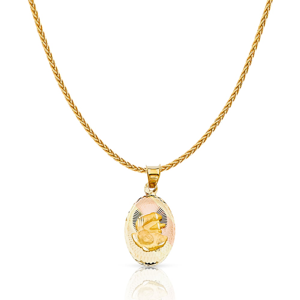 14K Tri Color Gold Diamond Cut Baptism Stamp Charm Pendant with 1.1mm Wheat Chain Necklace