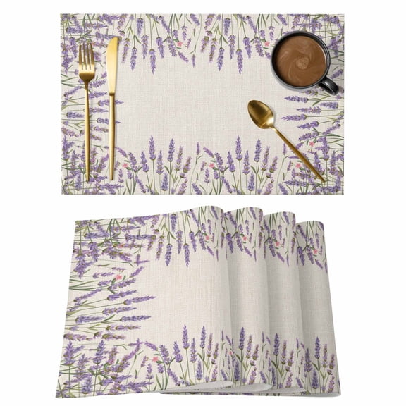 Purple Flower Placemats Set of 1, Vintage Country Purple Lavender Botanical Linen Texture Non-Slip Place Mats Washable Table Mats for Kitchen Dining Table Decorations Indoor/Outdoor