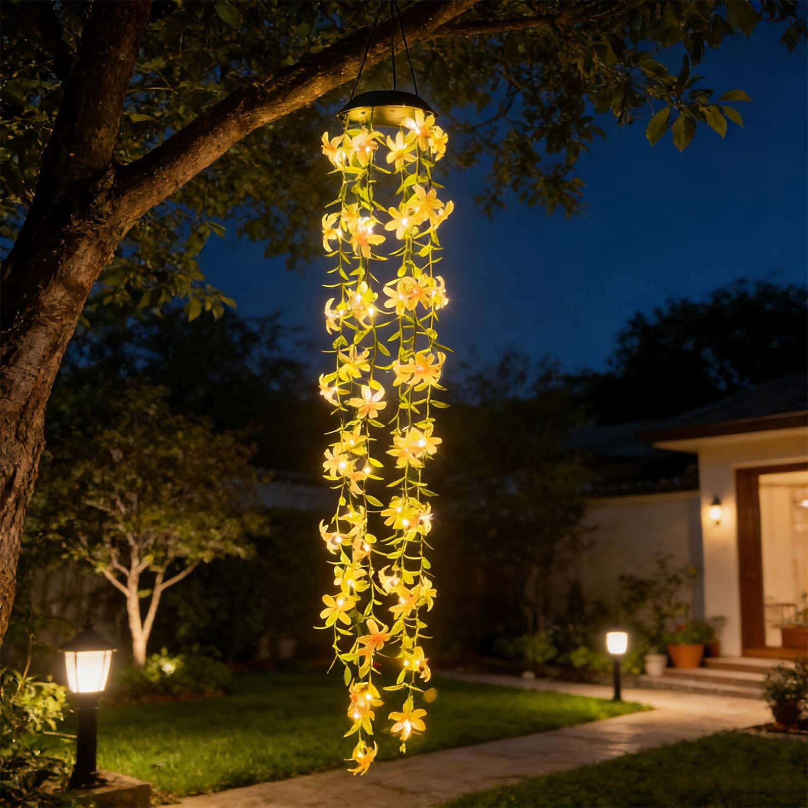 Solar Outdoor Hanging Wind Chime Light With Flower Accents Warm Led Glow And Weatherproof Construction For Garden Patio Balcony Yard Decorative Ambient Lighting