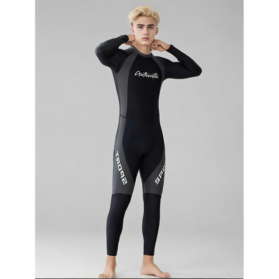 Men's One-Piece Knee-Length Swimwear - Sporty Printed Long-Sleeve Swimsuit with UPF Protection, High Elastic Slim Fit for Swimming, Surfing & Beach - Quick-Dry Knit Fabric