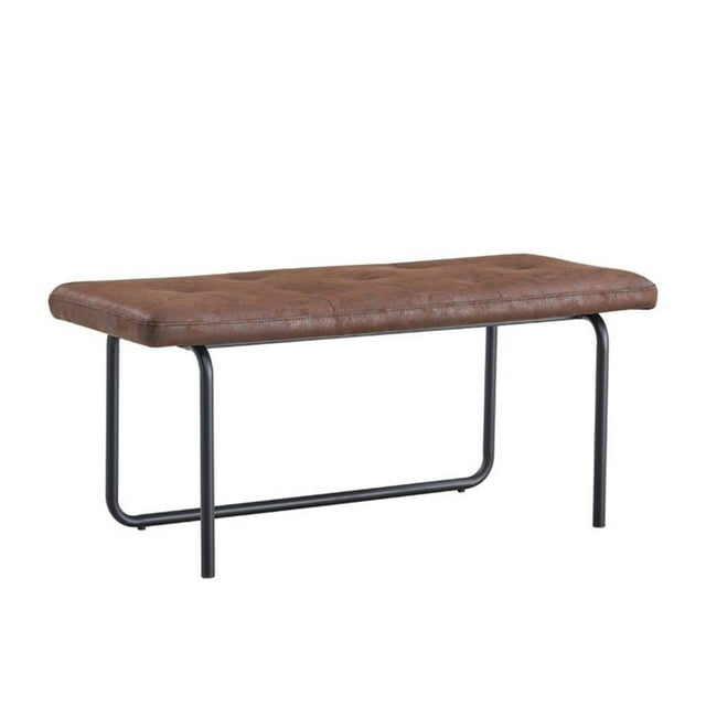 Pemberly Row Upholstered Faux leather Dining Bench with Sled Metal Legs In Brown