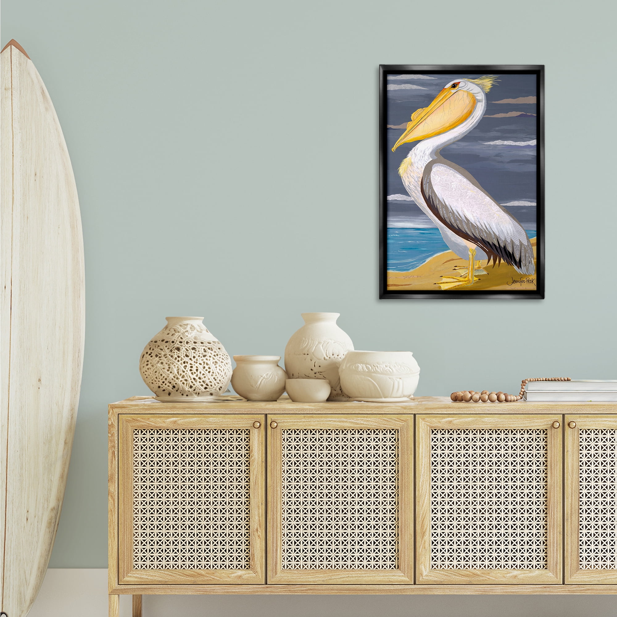 Stupell Industries White Pelican on Shore Animals & Insects Painting Black Floater Framed Canvas Art Print Wall Art, 21 x 31