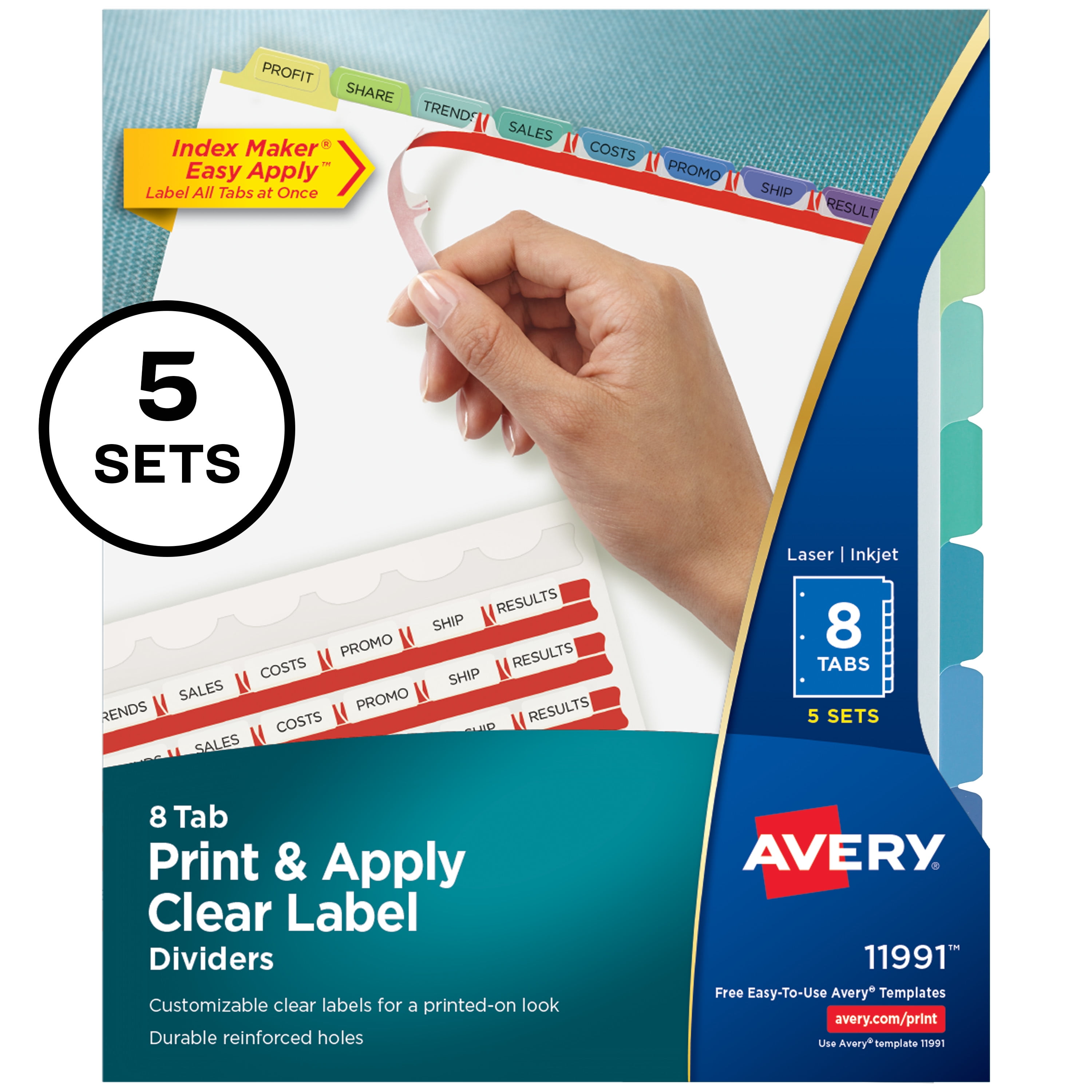 Avery Print & Apply Clear Label Dividers, Index Maker Easy Apply Printable Label Strip, 5 Pastel Tabs, 5 Sets (11990)