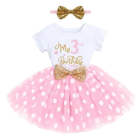 

Toddler Kids Girls My 3rd Third Birthday Dress Cake Smash Outfit Three Years Old Party Cotton Short Sleeve Polka Dots Tutu Dress with Sequin Bowknot Headband Set Summer Clothes