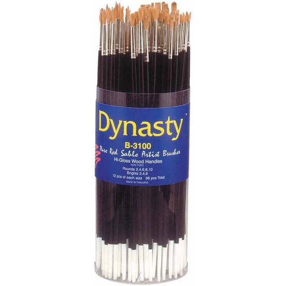 Dynasty B-3100 Canister Red Sable Hair Long Wood Handle Artists Paint Brush Set, Assorted Size, Set of 96