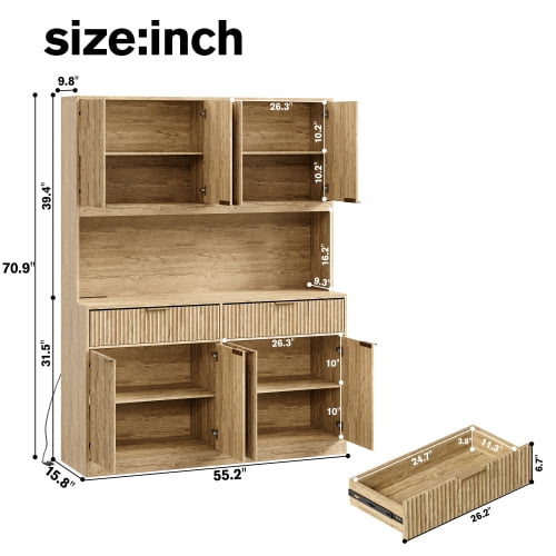 71" Tall Kitchen Pantry Cabinet with Power Outlet and Open Countertop, Modern Multi-Functional Storage Hutch Cabinet for Dining Room, Entryway and Living Room, Natural