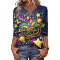 thumbnail image 2 of Mardi Gras Shirts for Women Glitter Mask Print V Neck Tops Carnival 3/4 Sleeve Novelty Blouse Yellow M, 2 of 5