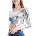 thumbnail image 4 of Fashion Glossy V Neck Crosses Wrap Long Sleeve Crop Top for Raves Parties Event Women Metallic Wetlook Bodycon T-Shirt, 4 of 9