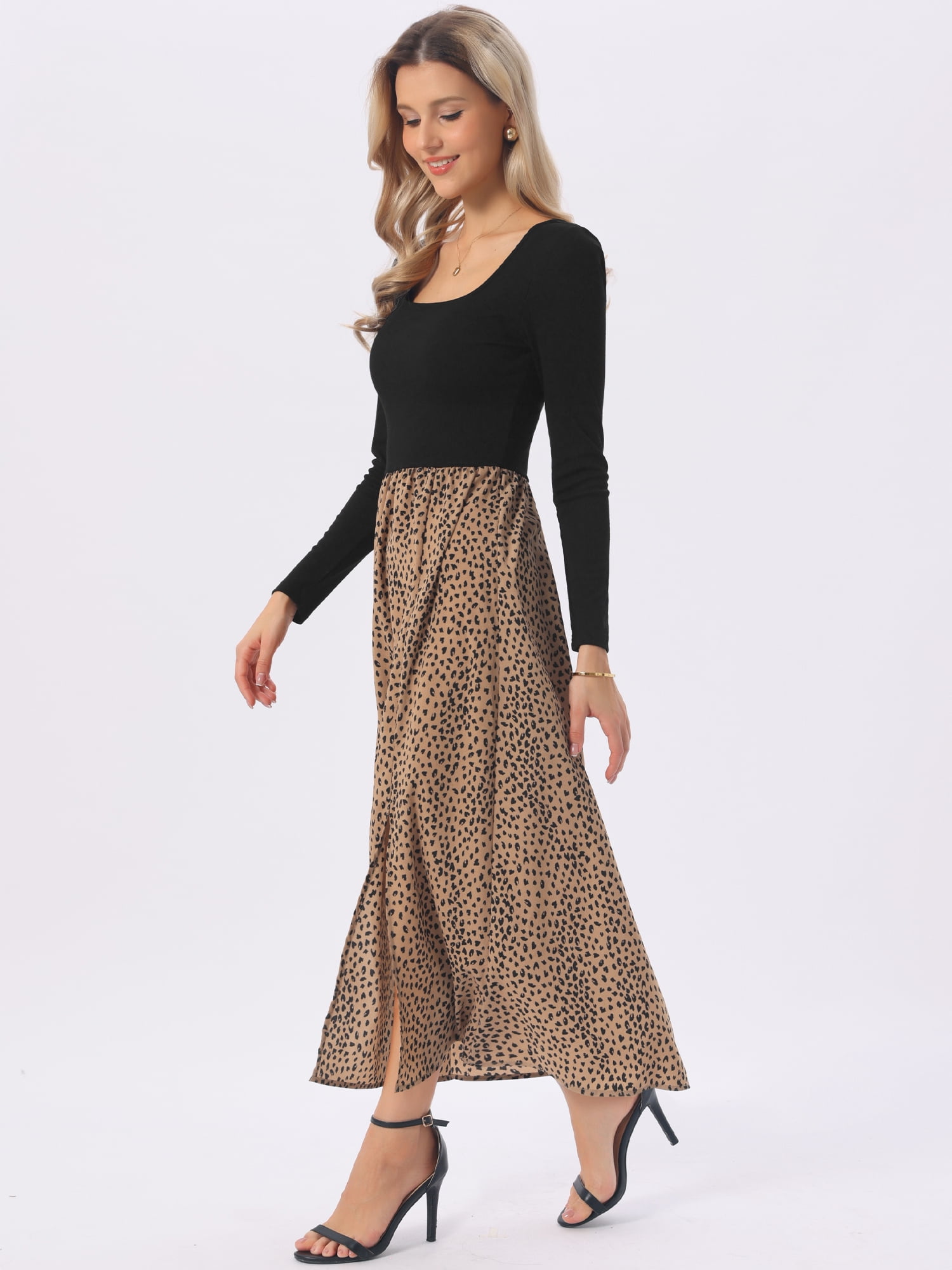 DARING DIVA Women's Maxi Long Sleeve Flowy Vintage Casual Floral Dress XL Black Khaki