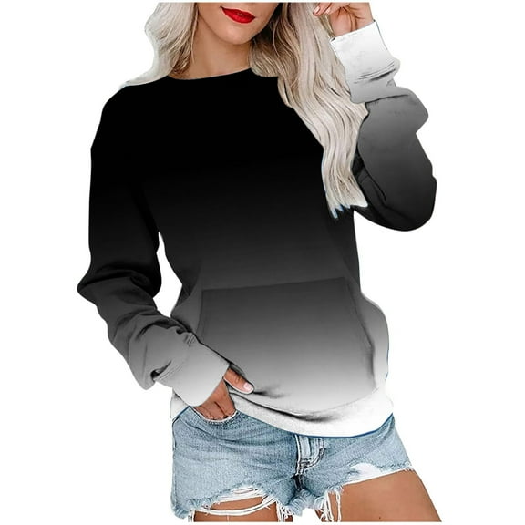 Scyoekwg Womens Sweatshirts Crewneck Sweatshirt with Pocket Dressy Casual Blouse Tops for Women Trendy Loose Long Sleeve Gradient Color Pullover (Black,XXL)