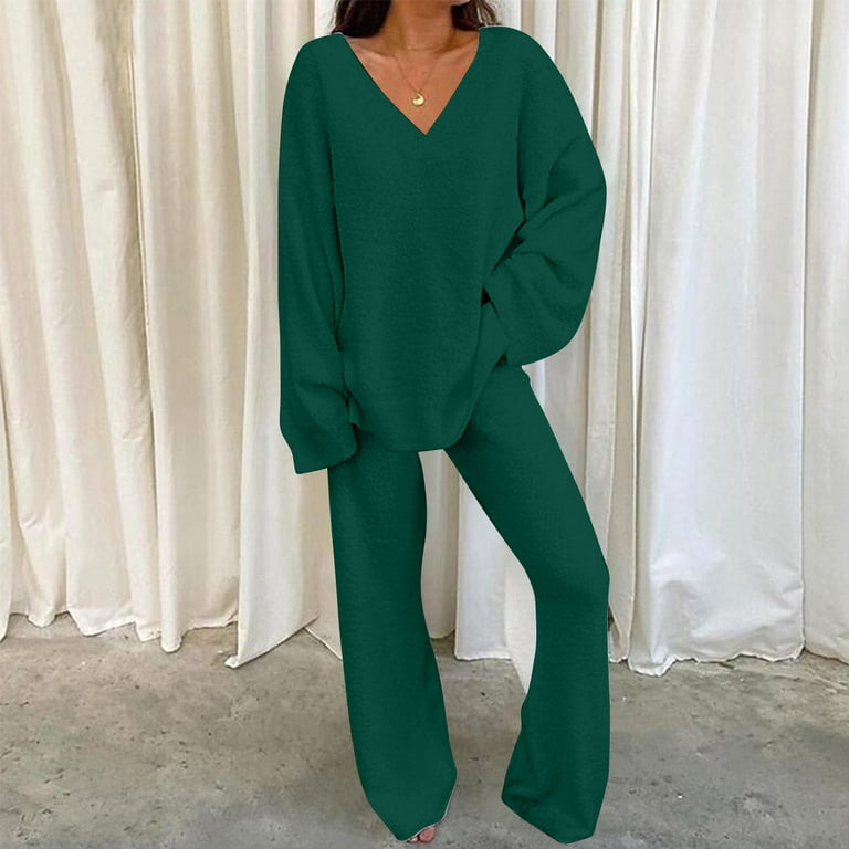 Women's Pajamas Sets Warm Winter Plush Cozy V Neck Long Sleeve Tops and  Pants 2 Piece Outfits Fuzzy Sleepwear