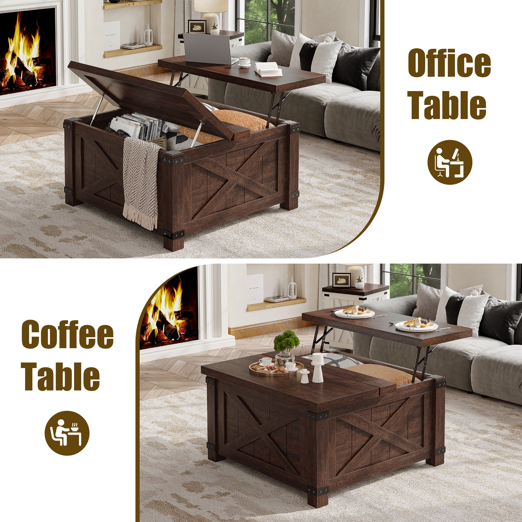 Romorgniz 35.7" W Square Lift Top Coffee Table Farmhouse Coffee Table with Large Hidden Storage Wooden Center Table for Living Room, Brown
