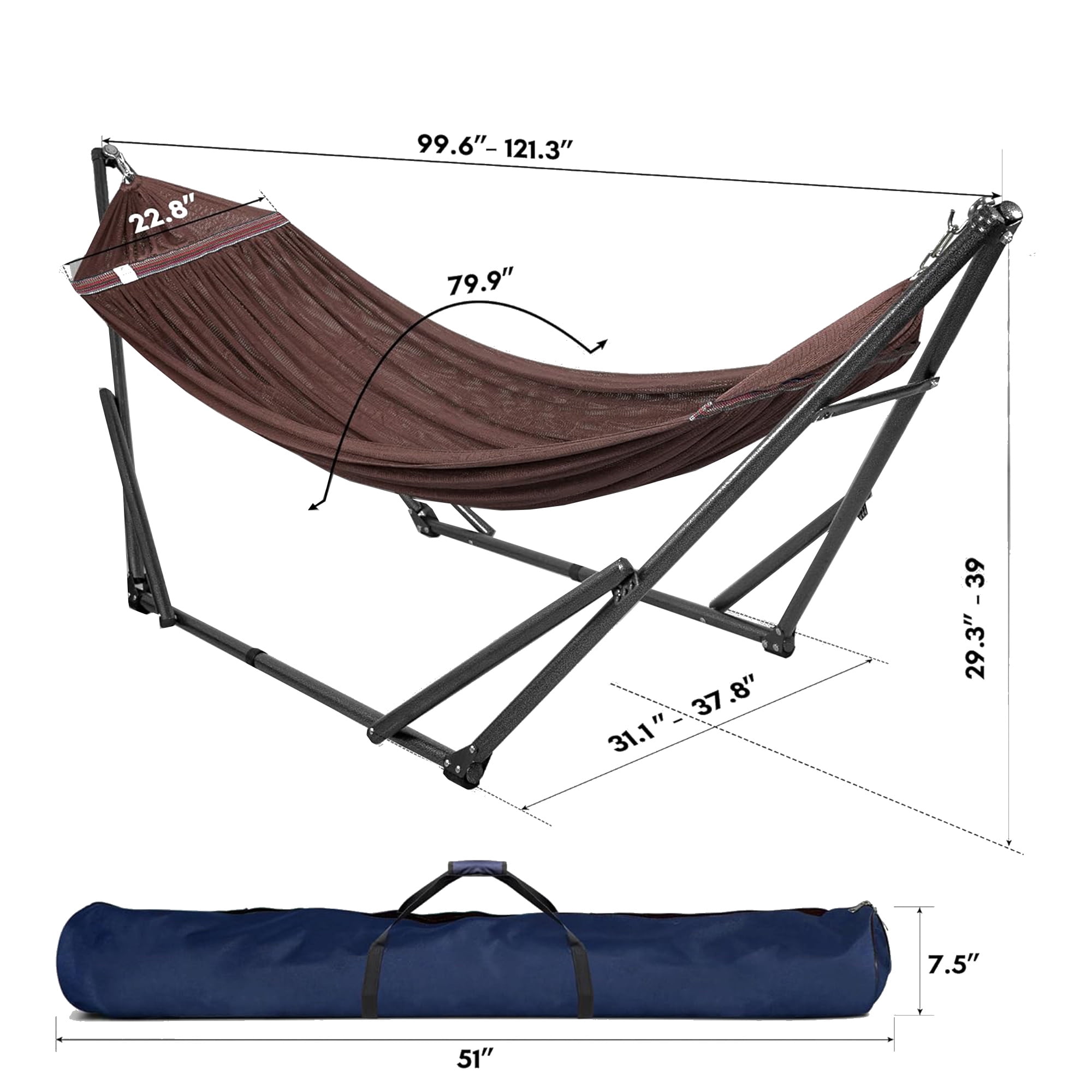 Tranquillo Universal 116" Double Hammock w/Adjustable Stand and Bag, Brown