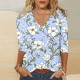 thumbnail image 5 of Felirenzacia Ladies V-Neck Blouse, White Three-Quarter Sleeve Top, Large Purple Floral Pattern with Gray Leaves, 5 of 5