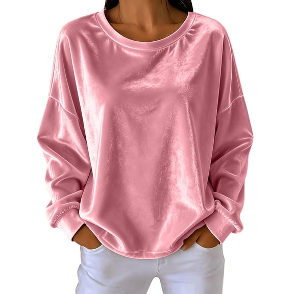 ZHYou Womens Long Sleeve Velvet Sweatshirts Crew Neck Drop Shoulder Loose Fit Casual Loungewear Tops,Pink,Size M