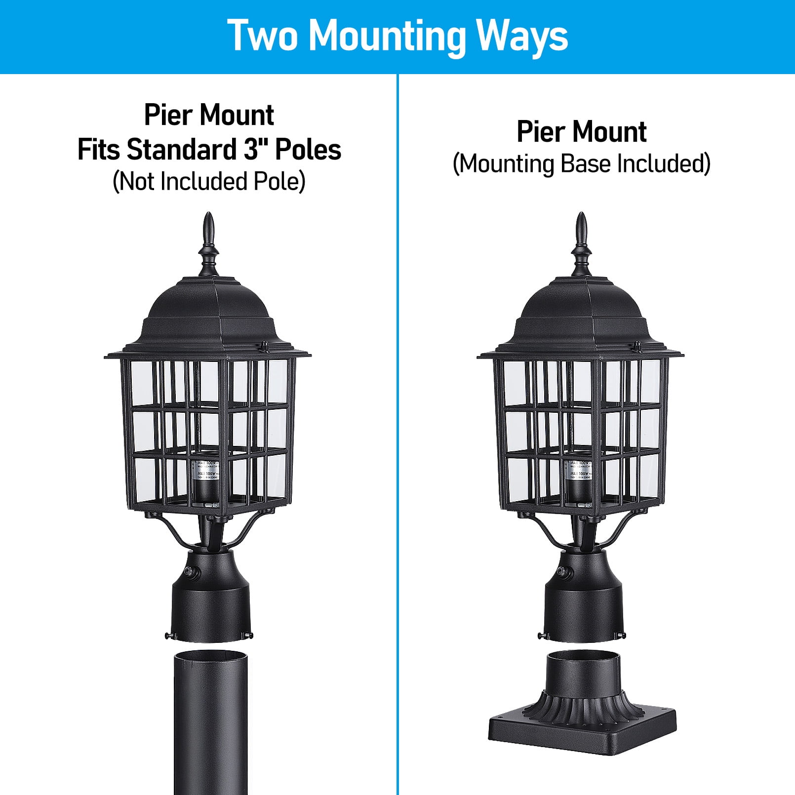 2 Pack Dusk to Dawn Outdoor Post Lantern, 17 Inch Grid Pillar Light with Pier Mount Base, E26 Base, Black