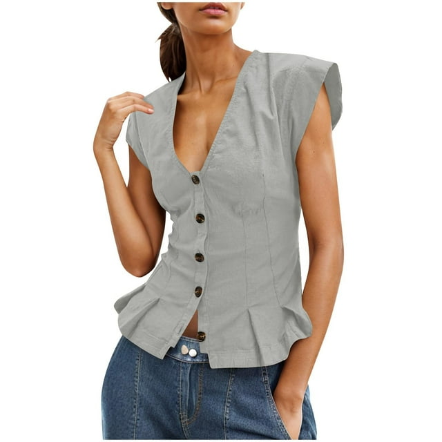 Summer Crop Tops Womens Linen Blend Deep V Neck Button Up Shirts Cap Sleeve Ruffled Cute Blouses (2XL, Gray)