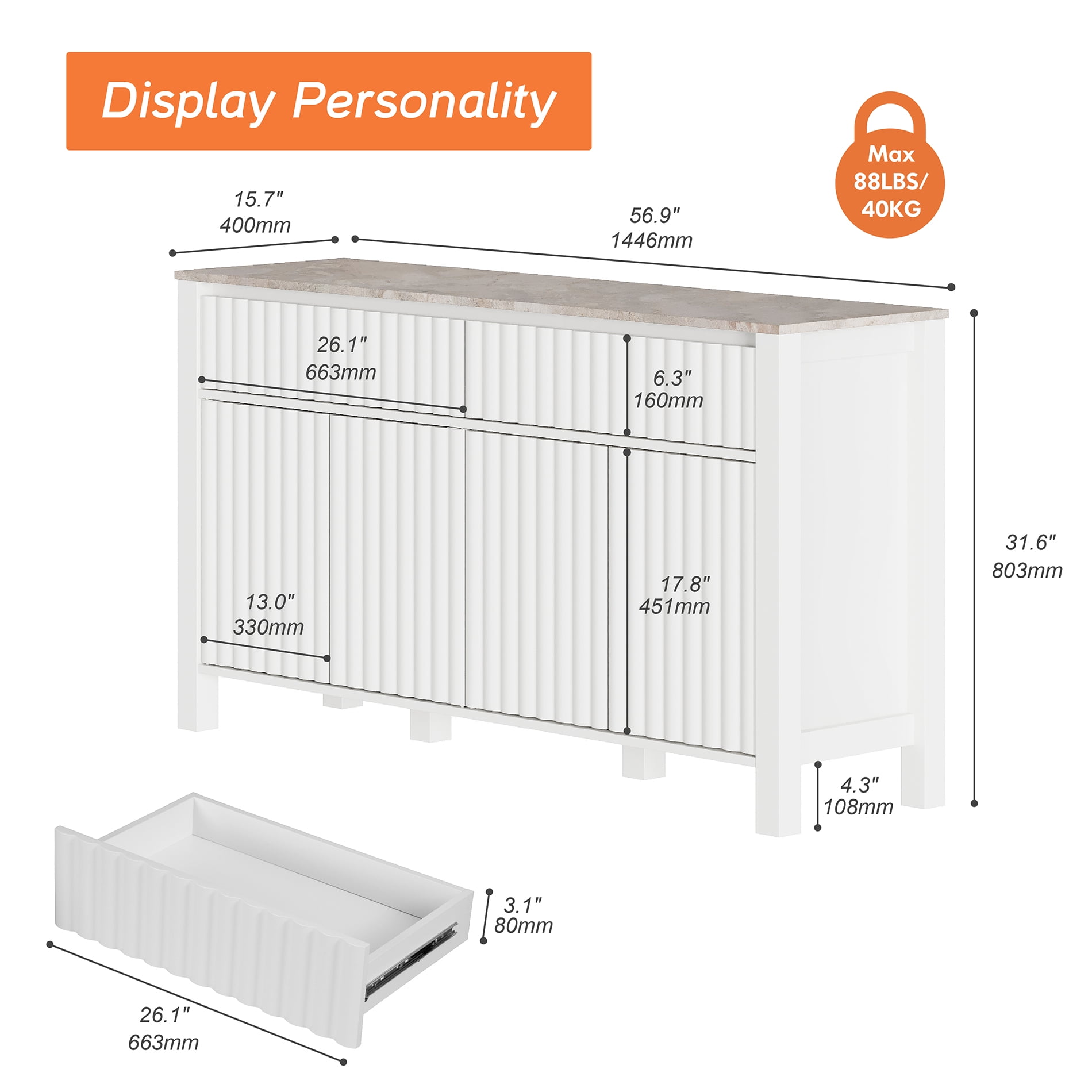 Modern Barn Door Accent Cabinet with Drawers and Adjustable Shelves for Living Room, Hallway