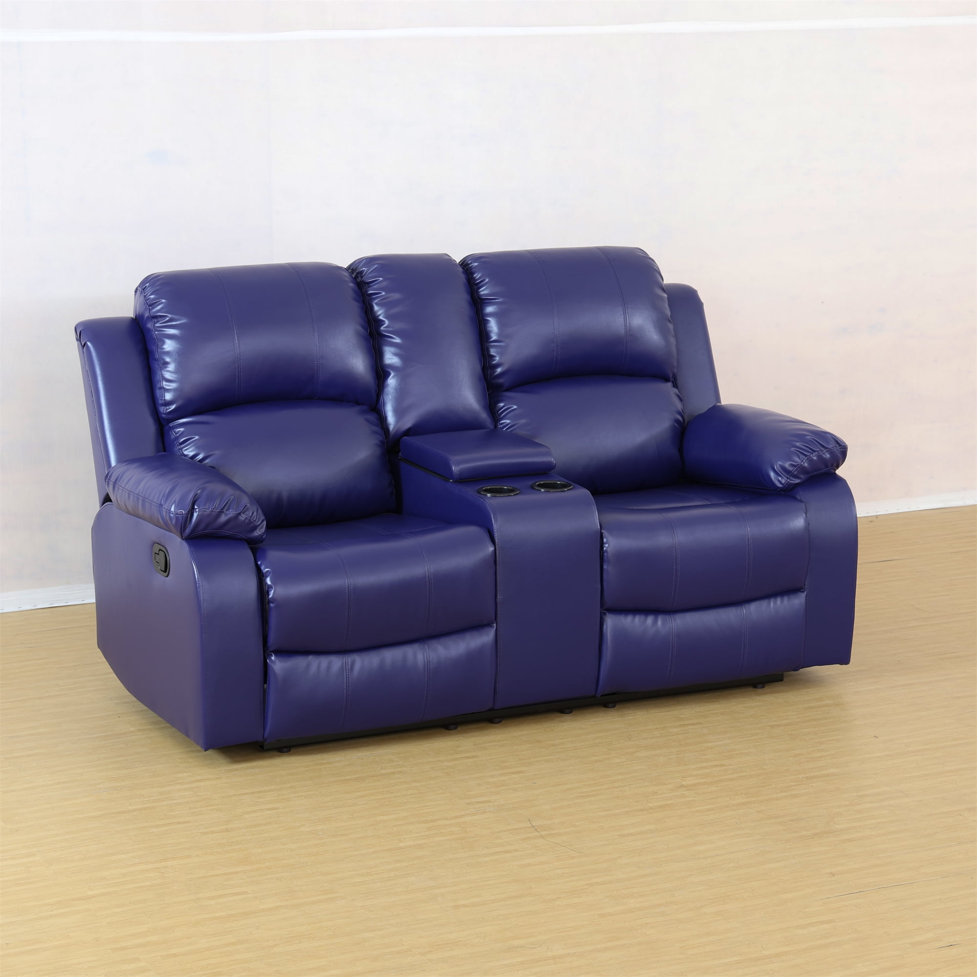 Aukfa Double Manual Recliner Chair, Overstuffed Loveseat with Cupholder for Living Room, Leather, Blue