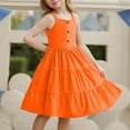 thumbnail image 2 of Fesfesfes Girls'Summer Solid Color Short Sleeve Crew Neck Elastic Waistband Dress with Pockets Casual Comfortable Cotton Blend Dress for Kids(Orange,11 Years), 2 of 9