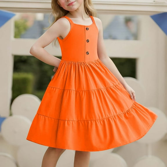 BRGZLK Kids Girls Summer Dresses Trendy Solid Sleeveless Round Neck Button Hem Elegant Layered A-Line Dress with Pockets Orange 7-8 Years