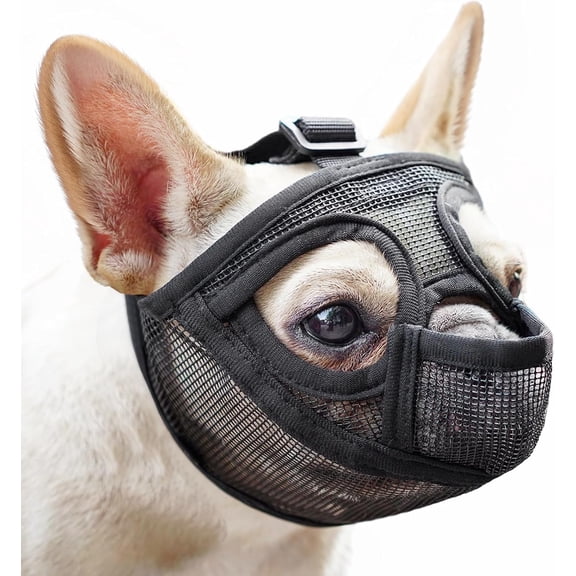Full Pant Short Snout Dog Muzzle - Soft Mesh for French Bulldog/Pug/Shih Tzu/English Bulldog - Prevents Eating/Biting, Allows Drinking/Feeding, Ideal for Grooming/Walking