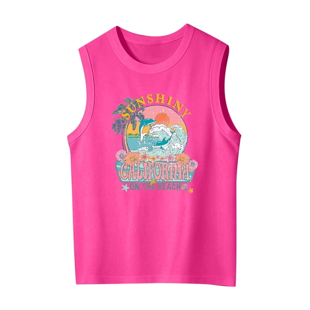 Rhuody Hauts d'Été pour Fille Hauts d'Été Sans Manches Imprimés Graphiques T-Shirts à Col Rond pour Tout-Petits et Enfants Tenue Décontractée Rose Vif 9-10 Ans