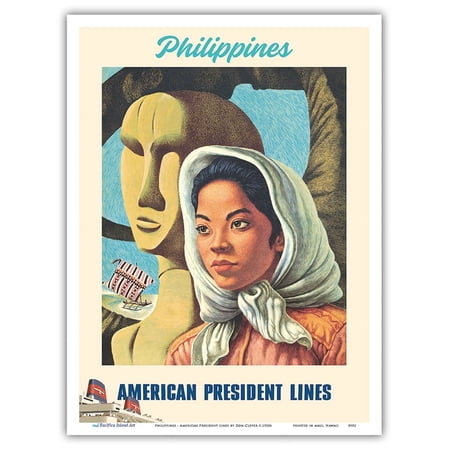 Philippines - Filipina Igorot Statue - American President Lines - Vintage Ocean Liner Travel Poster by Don Clever c.1950s - Master Art Print (Unframed) 9in x 12in