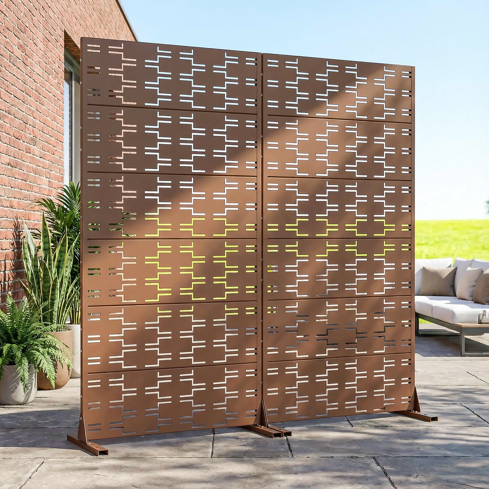 MAYEERTY 2-Piece Outdoor Metal Privacy Screen 6ft × 3ft Brown, 6-Panel Brick Pattern Decorative Screen for Patio