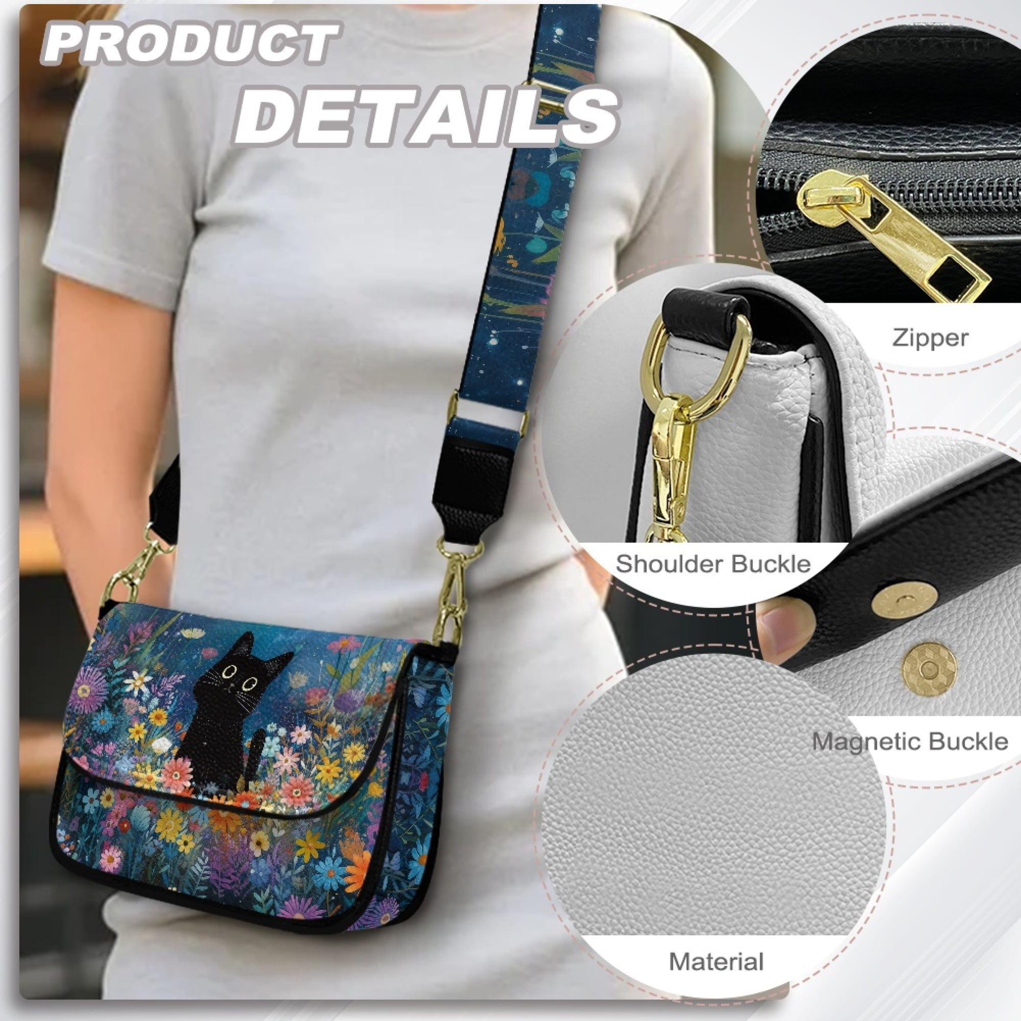 TSOVTHRID Black Cat Colorful Daisy Print Crossbody Purse for Women, PU Leather Cell Phone Purse, Trendy Crossbody Bags, Handbags Shoulder Bag for Travel Party