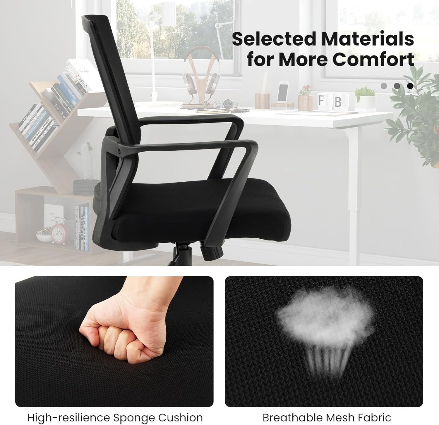 MOONMISS Office Desk Chair with Lumbar Support, Ergonomic Mesh Office Chair with Wheels and Armrests, Mid Back Rolling Swivel Adjustable Task Chair, Executive Computer Chair for Home Office, Black