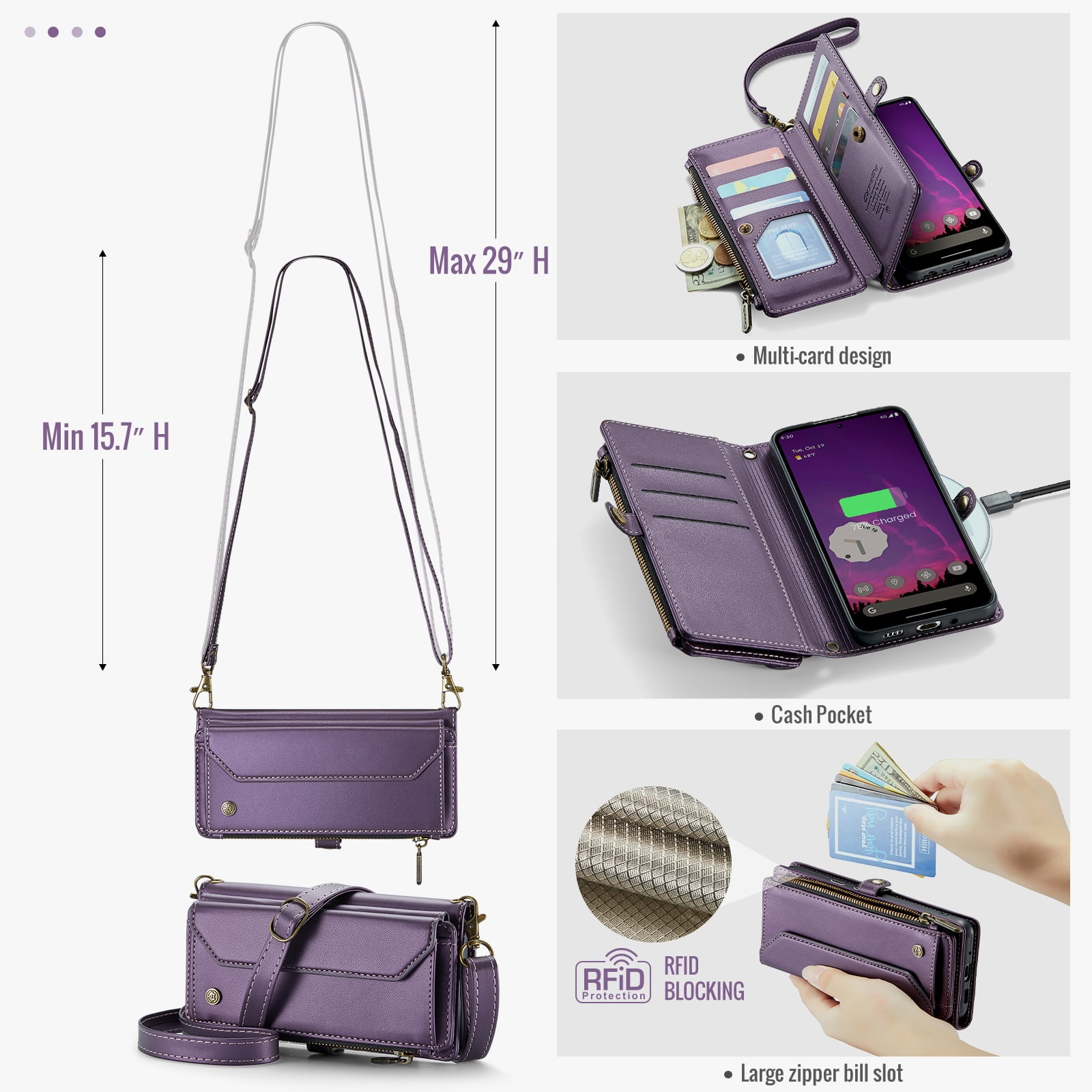 for Google Pixel 10 / 10 Pro Full Body Protection Wallet Folio Flip Case, Shoulder Strap & Wristlet Card Slots Zipper Pocket RFID Blocking Rugged Durable PU Leather Phone Case Cover, Purple