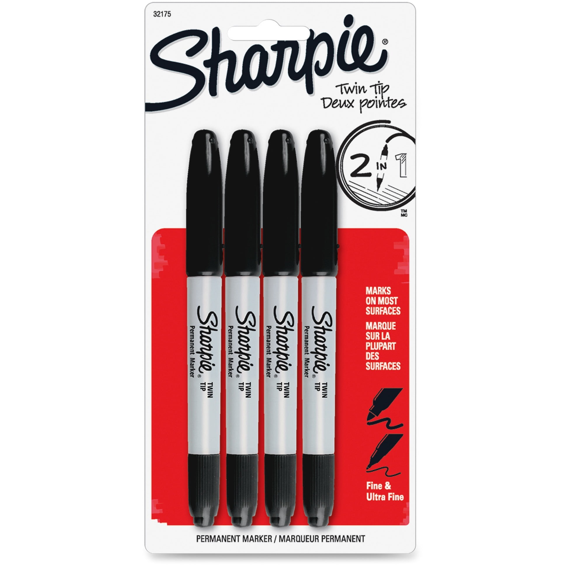 Sharpie Twin Tip Permanent Markers, Fine and Ultra Fine, Black, 4 Count