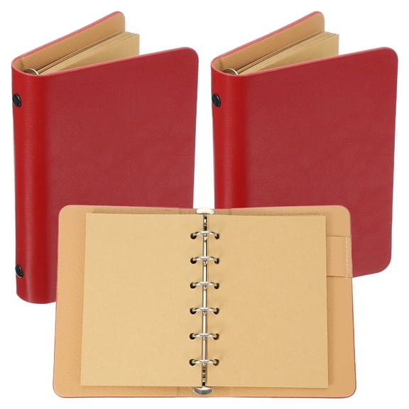 Uxcell 6 Ring Binder Cover, 2 Pack A7 kraft Leather Notebook Binder Mini Refillable Loose Leaf Personal Planner with 50 Sheets Paper, Red