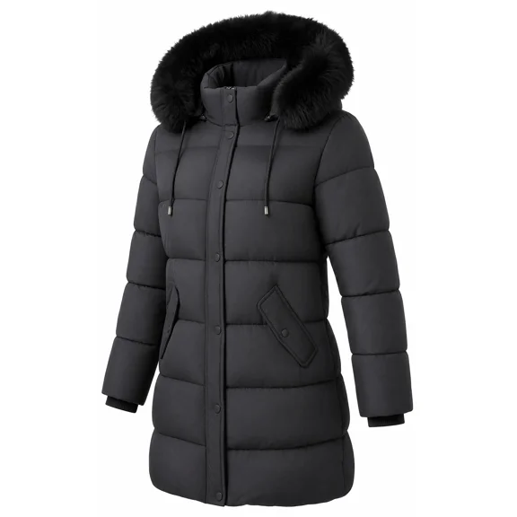 Women's Long Winter Coats Thicken Fleece Lined Parka Down Puffer Jacket With Faux Fur Detachable Hood, Black L