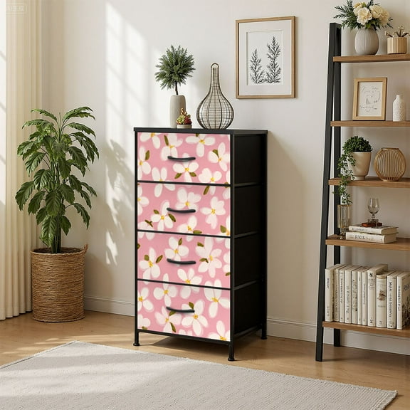 4 Drawer Vertical Storage Dresser Cherry blossoms floral Cute neutral spring wildflower with Wood Top Fabric Pull Drawers