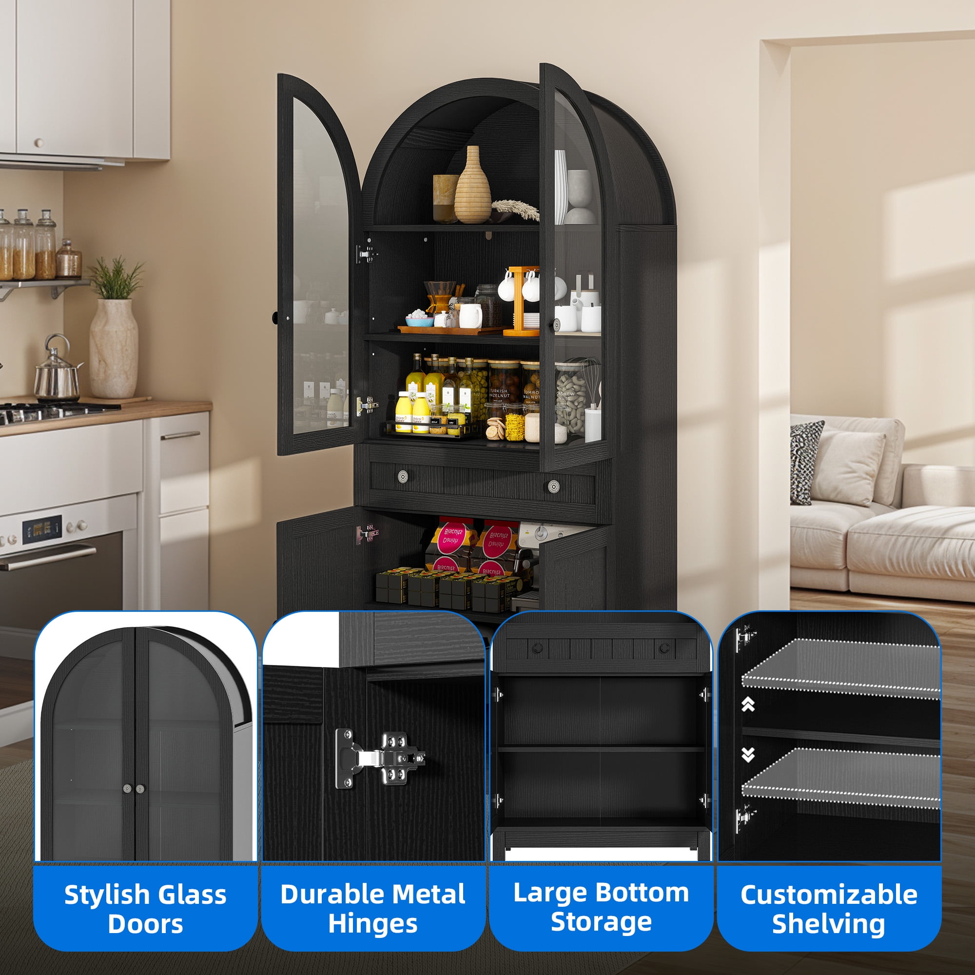DEXTRUS 71" Tall Kitchen Pantry with Door & Drawer, Arched Kitchen Pantry Storage Cabinet, Black