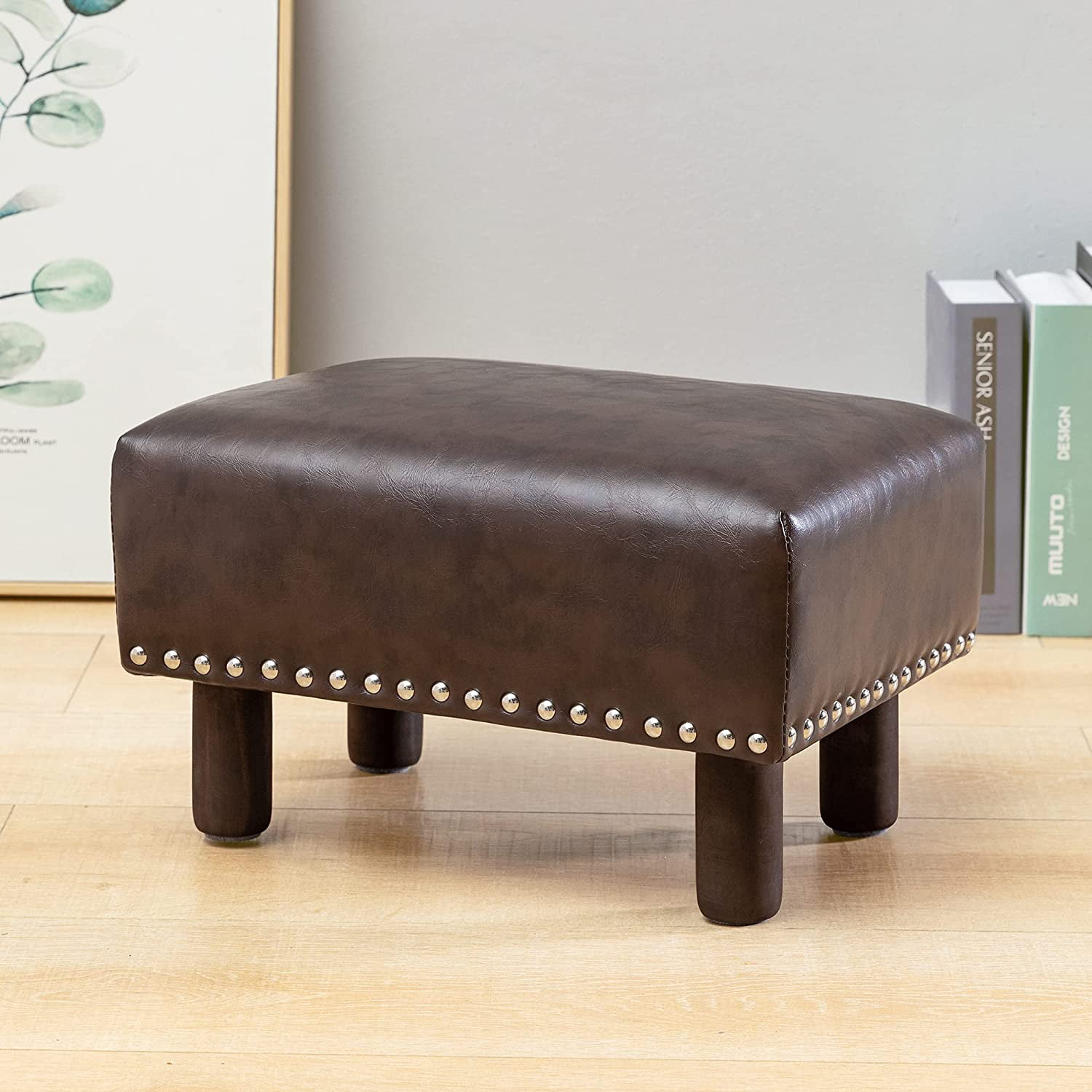LUE BONA Linen Cushioned Wooden Leg Small Foot Stool Under Desk Foot Rest  With Handle — LUE BONA®