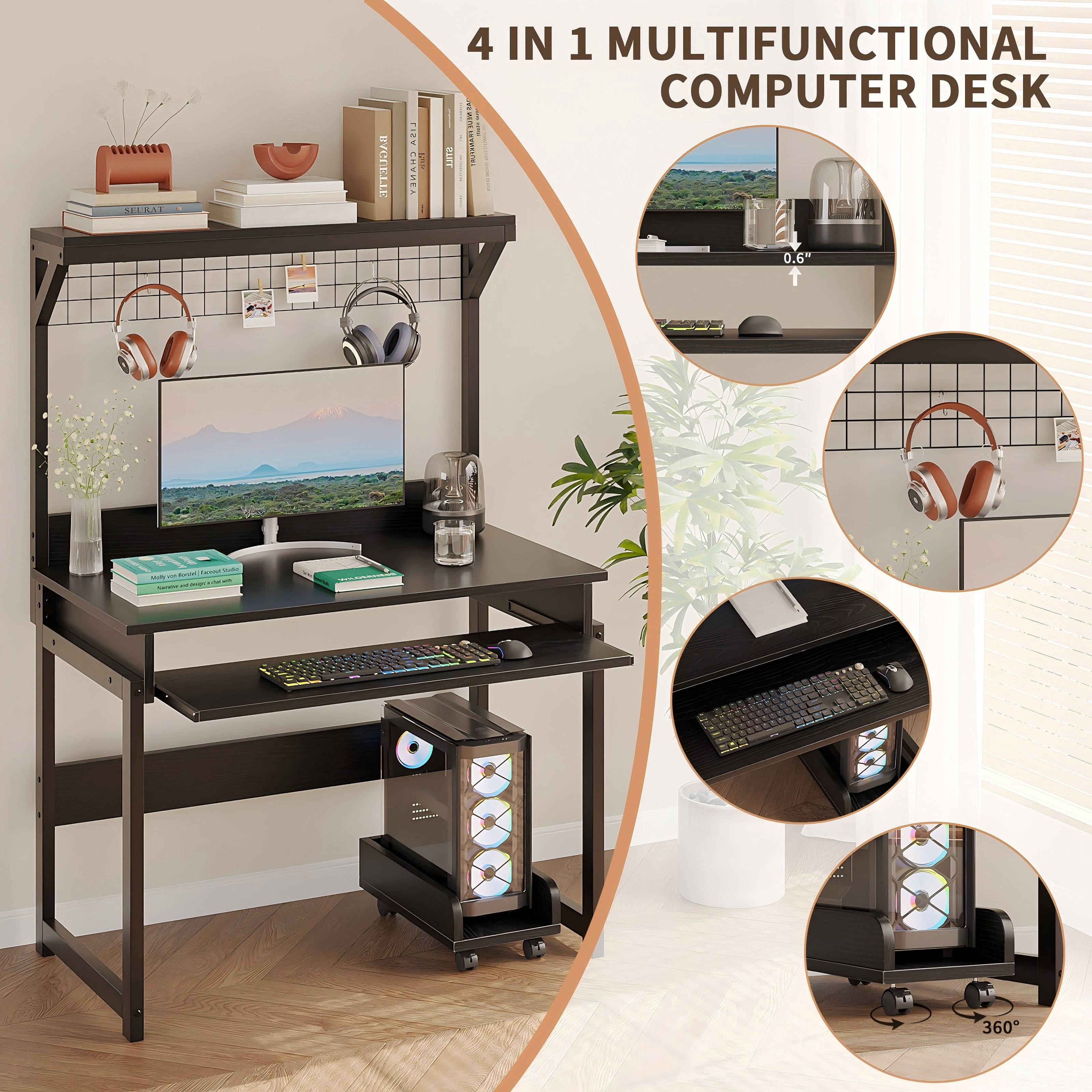 NEWSENDY Industrial Style Multi-tier Standing Computer Desk with Keyboard Tray & Storage Shelves, Sturdy Home Office Workstation for Adults