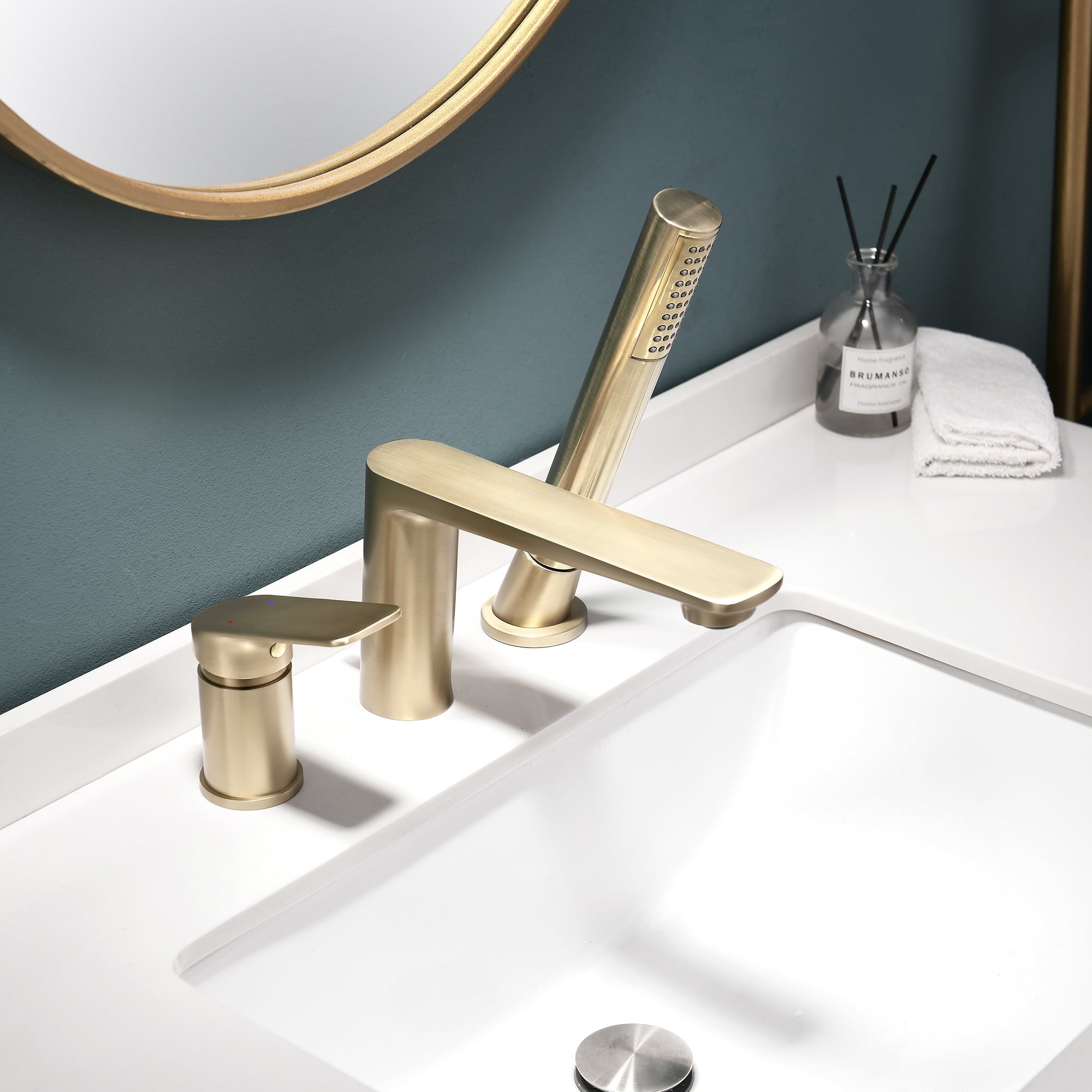 Bathroom Roman Tub Faucet, Dual Handle Deck Mounted Solid Brass Tub Filler with Hand Shower, Brushed Gold