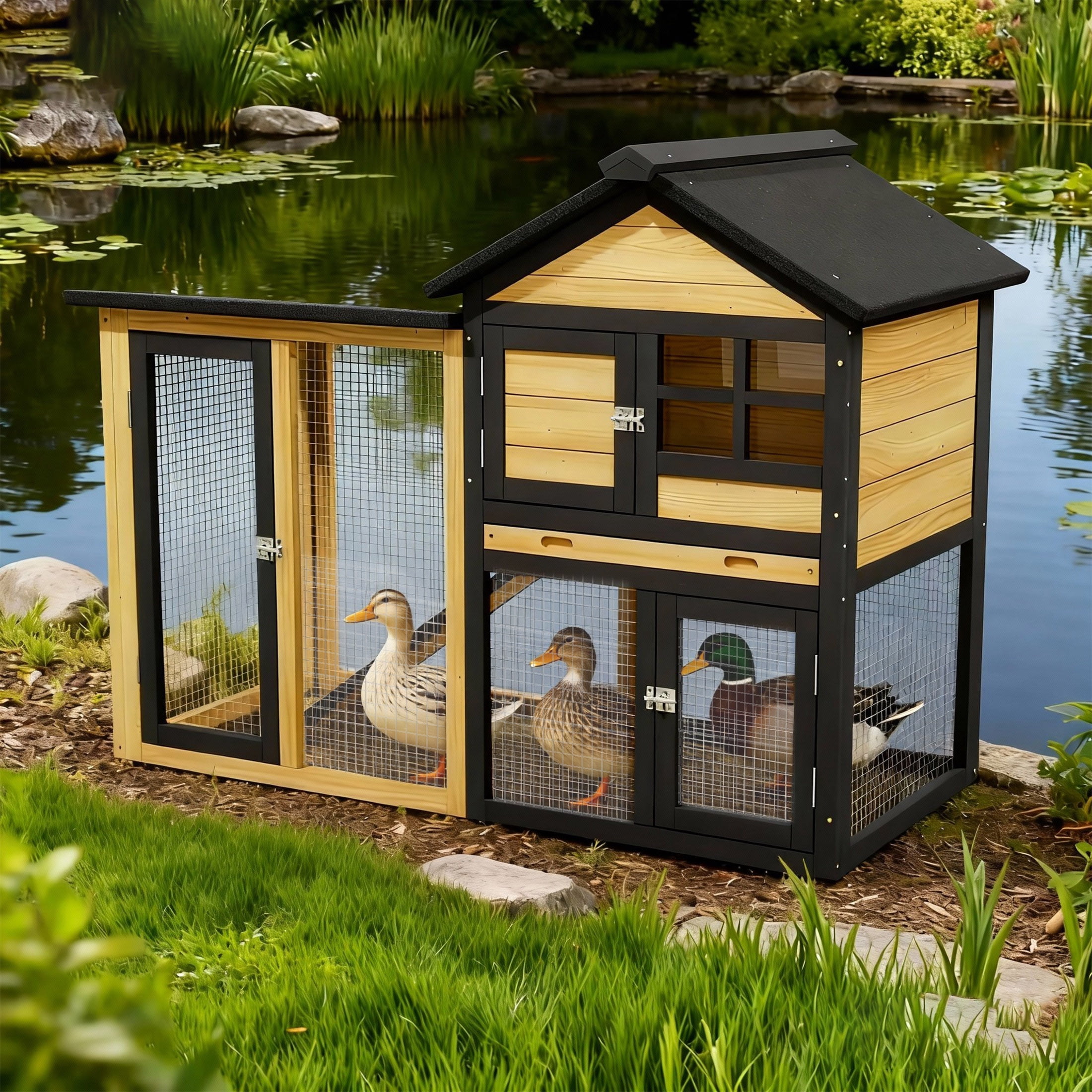 Weatherproof Duck Coop and Wire Mesh Run,Wooden Backyard Duck Condo with Nesting Box,Indoor Rabbit Hutch with Tray,46.9",Yellow