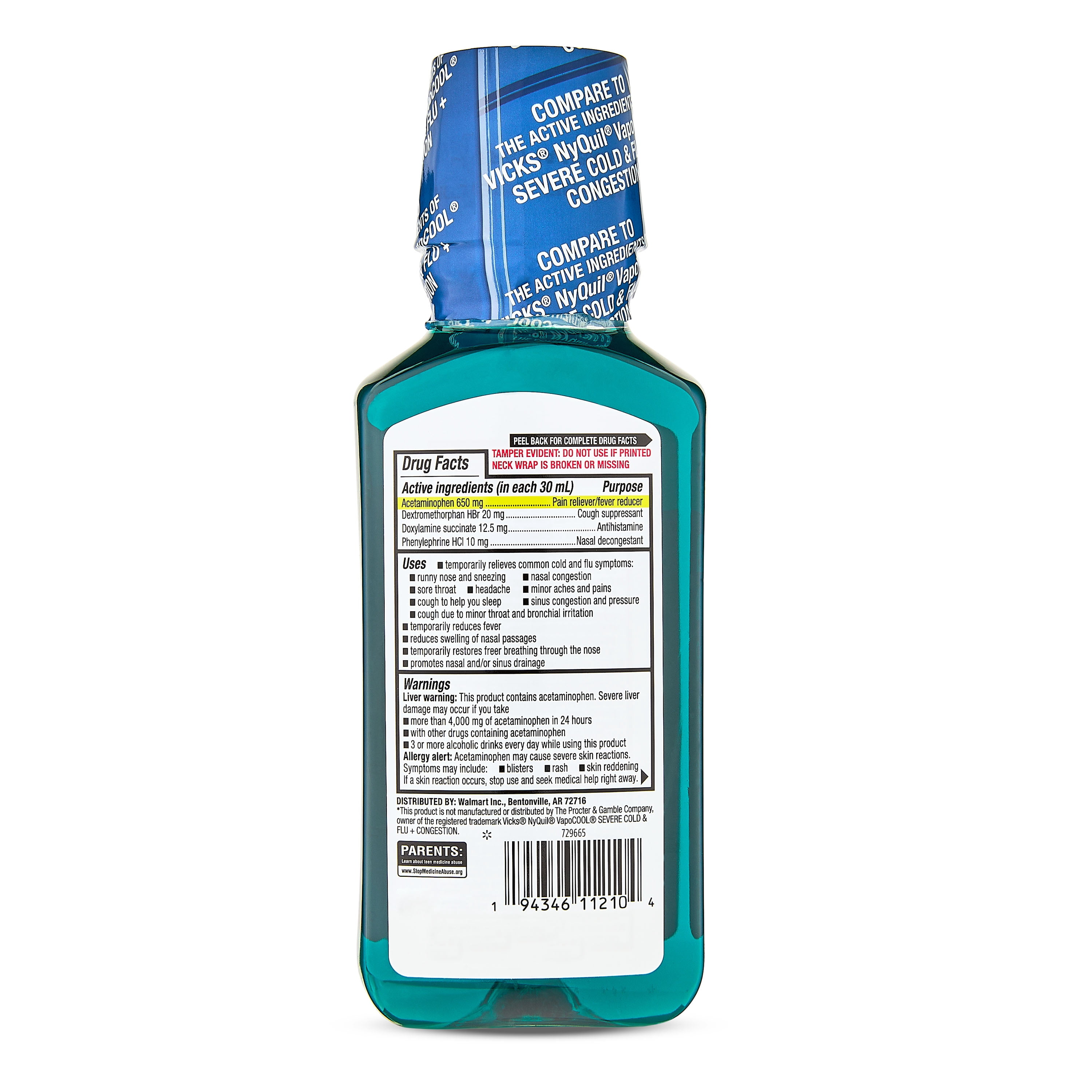 Equate Vapor Chilling Nighttime Severe Cold and Flu + Congestion Liquid, 12 oz
