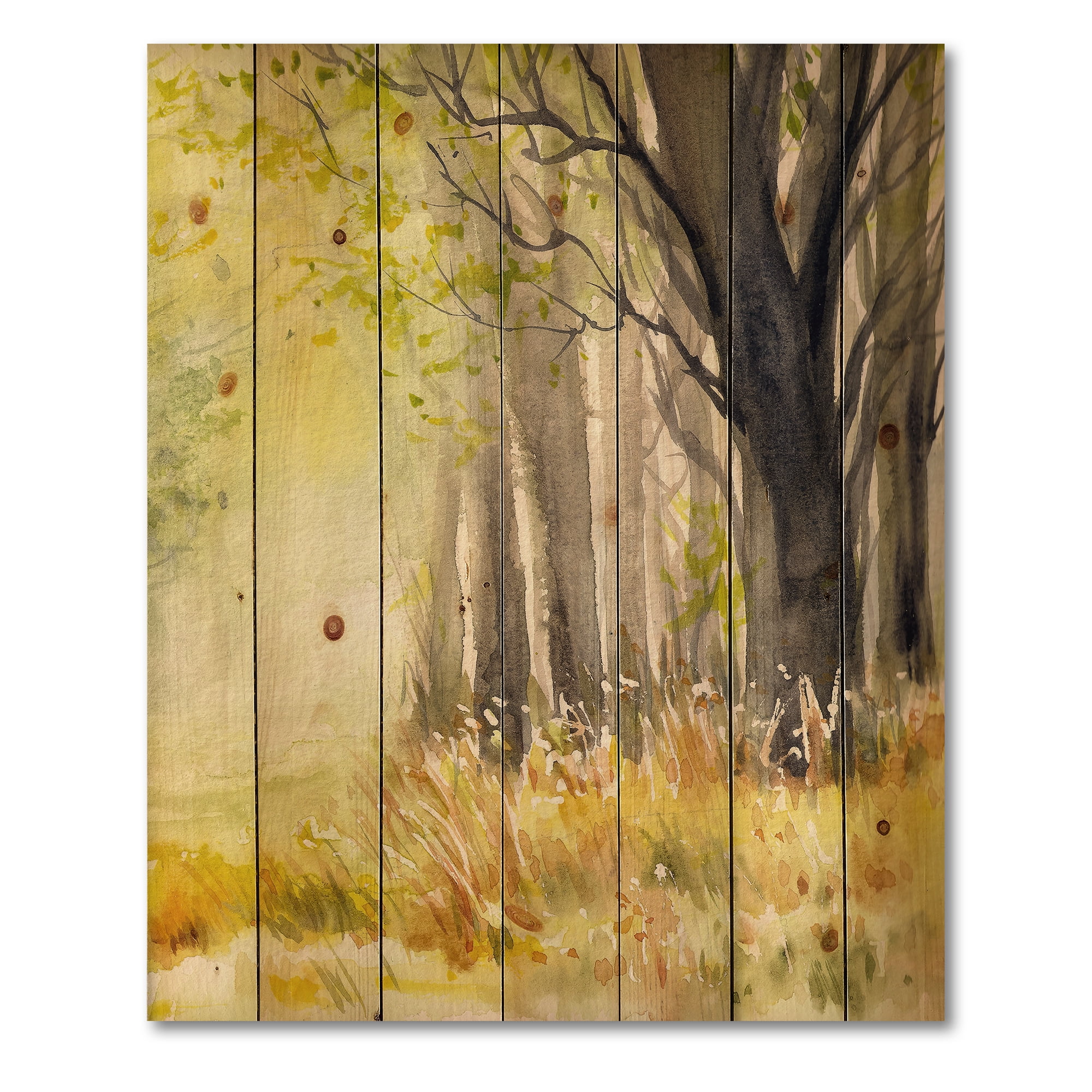 Designart 'Bright Sunshine Through The Yellow Forest Trees II' Traditional Print on Natural Pine Wood