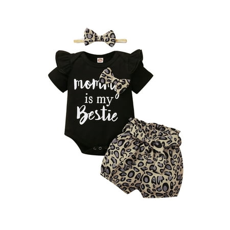 

Sunisery Newborn Baby Girl Clothes Ruffle Romper Leopard Shorts Summer Outfits 3Pcs Set with Headband