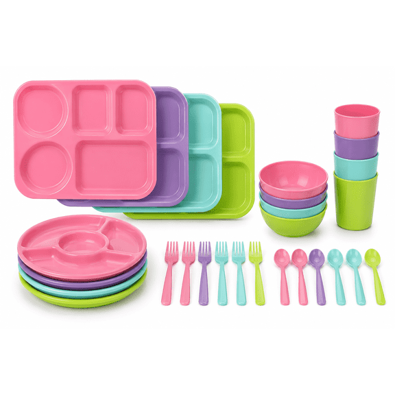 Plastic Kids Dinnerware Set with 4 Trays, Bowls, Plates, Cups, Forks, Spoons, Pink, Purple, Aqua, Green
