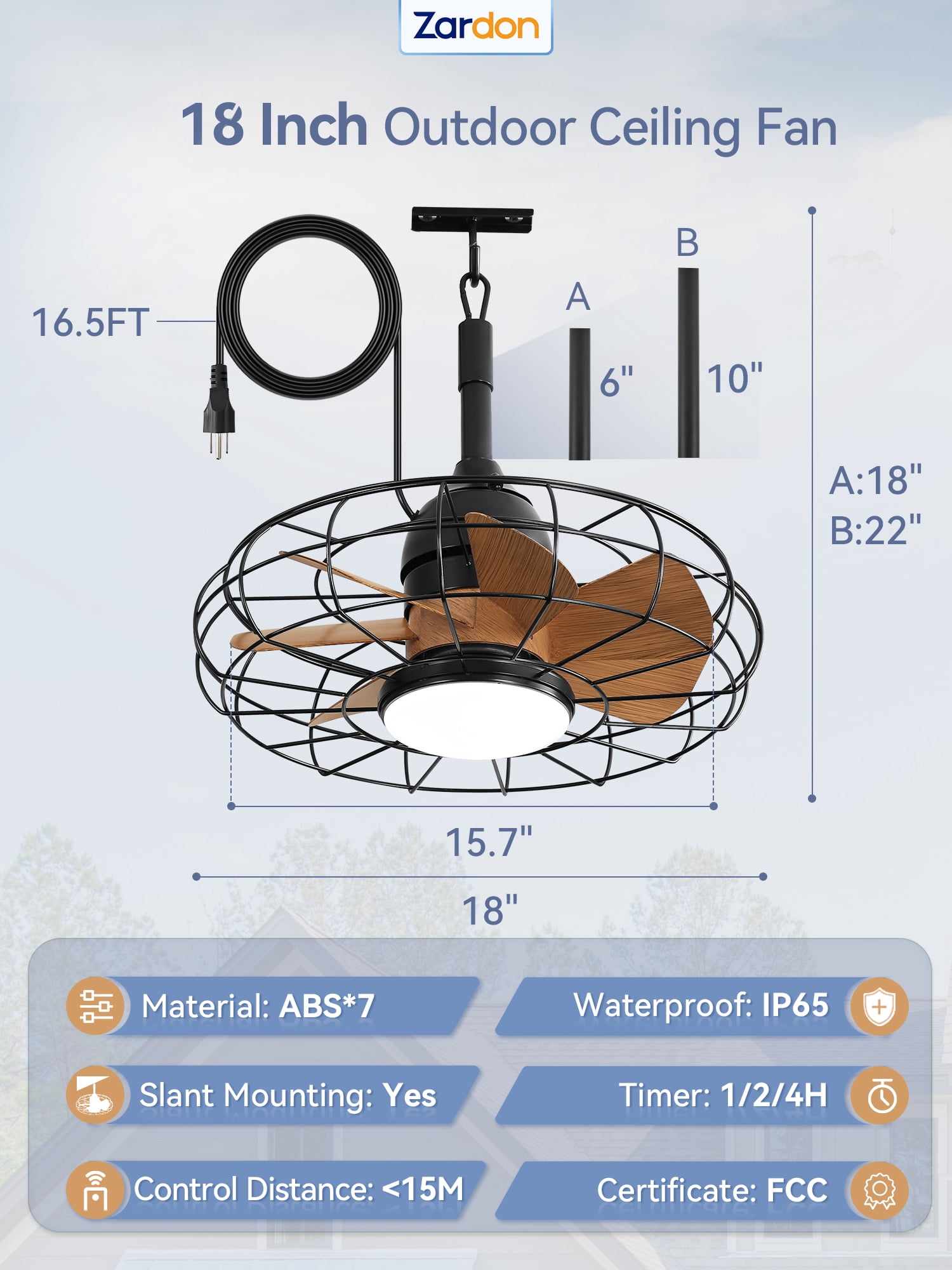 Zardon 18" Gazebo Fan for Patio, Outdoor Caged Ceiling Fan with LED Light, Quiet DC Motor and 6 Speeds with Remote Control, IP65 Waterproof for Porch, Pergola Canopy