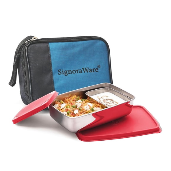 Stainless Steel Compact Big Steel Lunch Box With Bag - Red, 150ml+850ml | Two Compartments With Airtight Lid - Leak Resistant, Microwave Safe