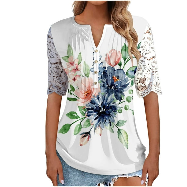 Shirts Lace Mesh Tops for Women,Women's Elegant Floral Tshirts Sleeve Blouses V-Neck Button Down Tops Camisetas Para Mujer Baratas - Walmart.com