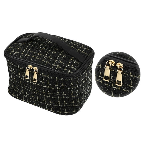 Vocoste Makeup Bag Cosmetic Travel Bag Case Woolen Large Makeup Bag Organizer Bag for Women Plaid Pattern Black