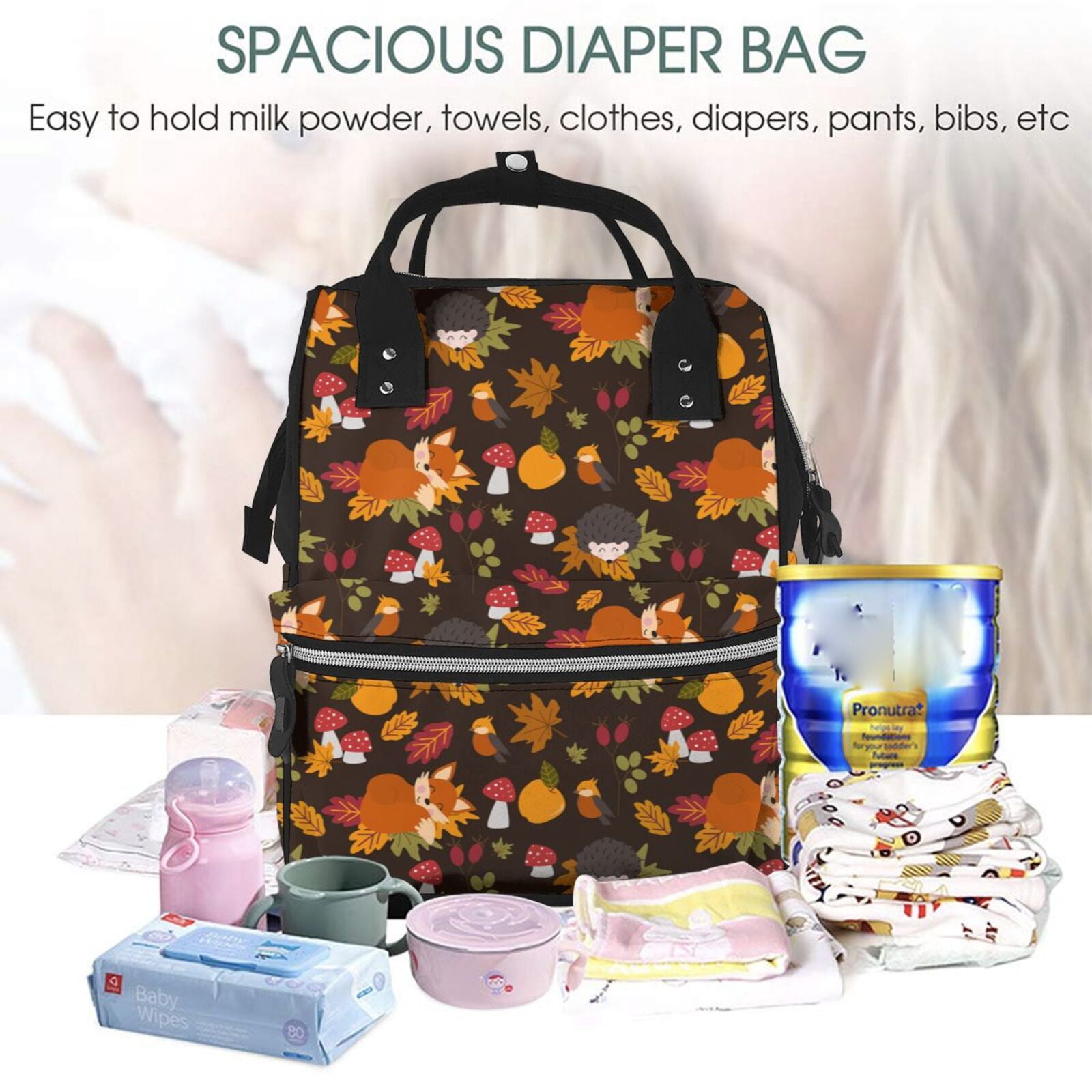 Fuzoiu Autumn Hedgehog and Fox Cute Print Diaper Bag Backpack,Baby Essentials Travel Tote,Multi function Waterproof Diaper Bag, Travel Essentials Baby Bag - Unisex